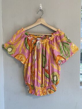 C&C California Papaya Fruit Print Off Shoulder Blouse Women's S
